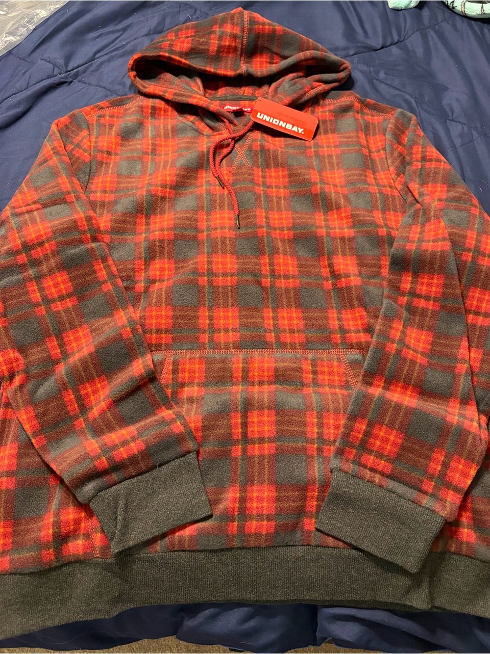 Unionbay Men's Red and black  Plaid MicroFleece Hoodie